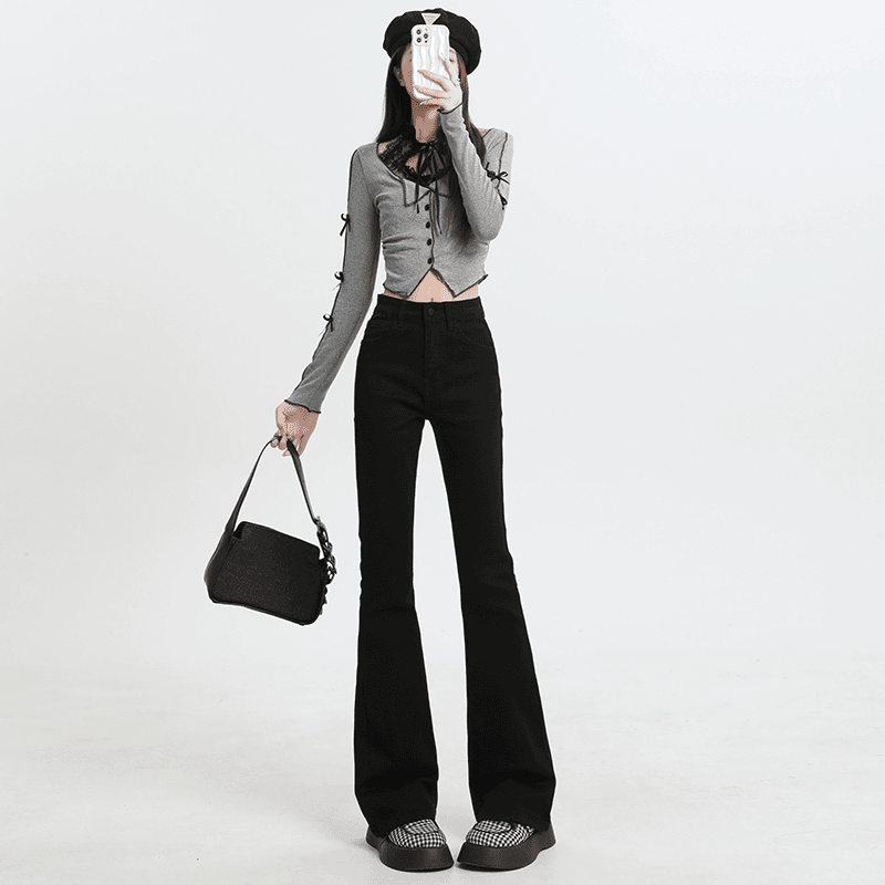 微喇牛仔裤女早秋大码胖mm梨形身材弹力显瘦遮胯喇叭裤子-3020