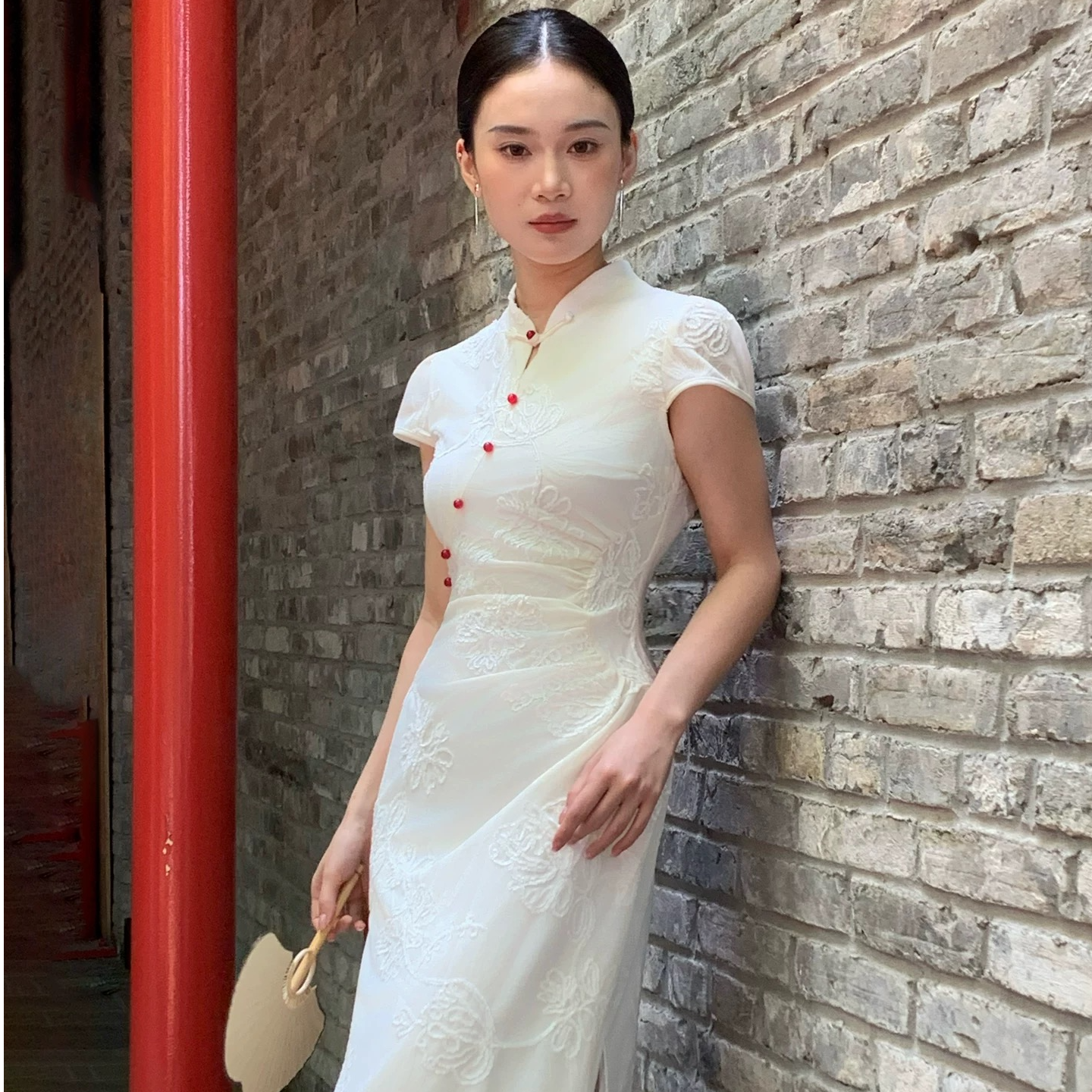 【素雅东方】小个子定制白色刺绣短袖新中式改良旗袍立领修身连衣裙