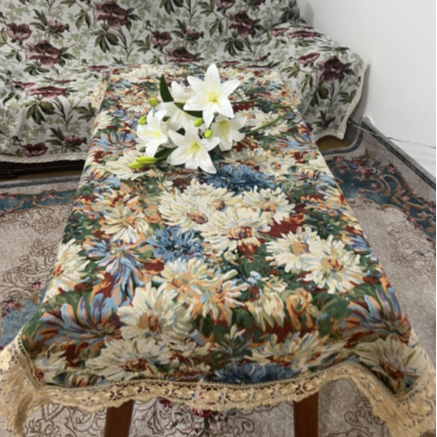 ZN107-88棉麻【90*180】彩菊水溶花边棉麻交织布桌布茶几布