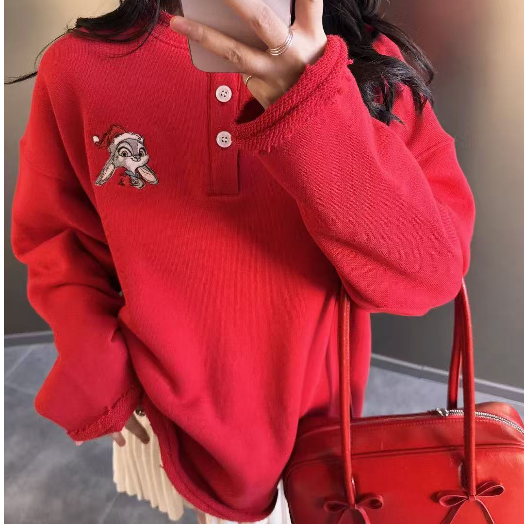 Pandawarks熊猫纸袋25442钉扣狐狸兔子纯棉毛圈拉毛卫衣宽松红色