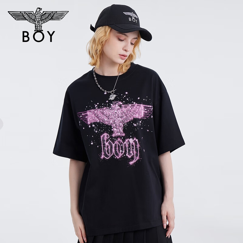 【暗夜星辰】BOYLONDON情侣款半袖烫钻粉色老鹰时尚圆领短袖 N01003