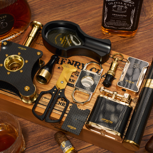 JIFENG季风雪茄套装碳纤维雪茄工具打火机雪茄剪烟缸十件套礼盒装