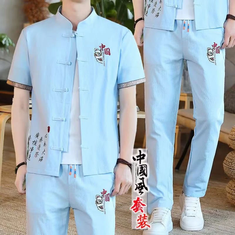 2025夏季新款套装男士短袖t恤复古唐装休闲一套汉服中国风两件套