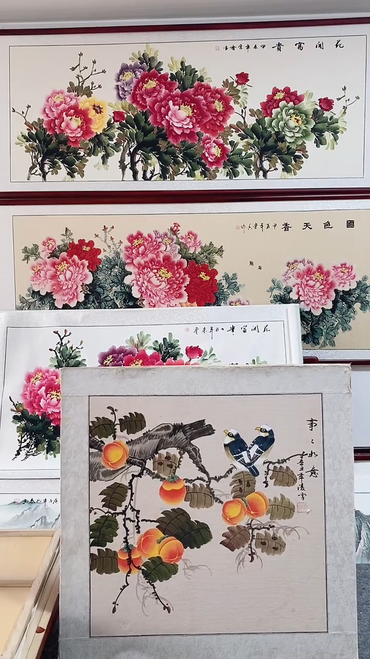 国画实木框纯手绘国画65*65画带框挂画