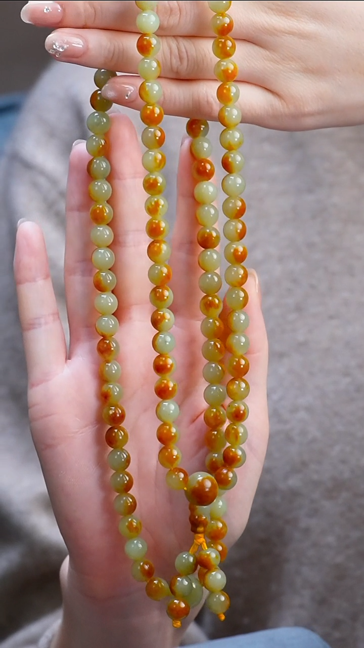 项链未镶嵌岫岩河磨玉（透闪石质玉）河磨  颗颗带皮 108珠 8mm