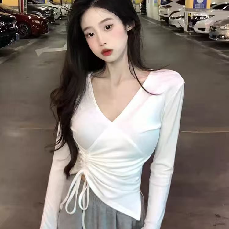 悦899抽绳V领上衣女装秋季纯欲辣妹设计感独特别致内搭打底长袖