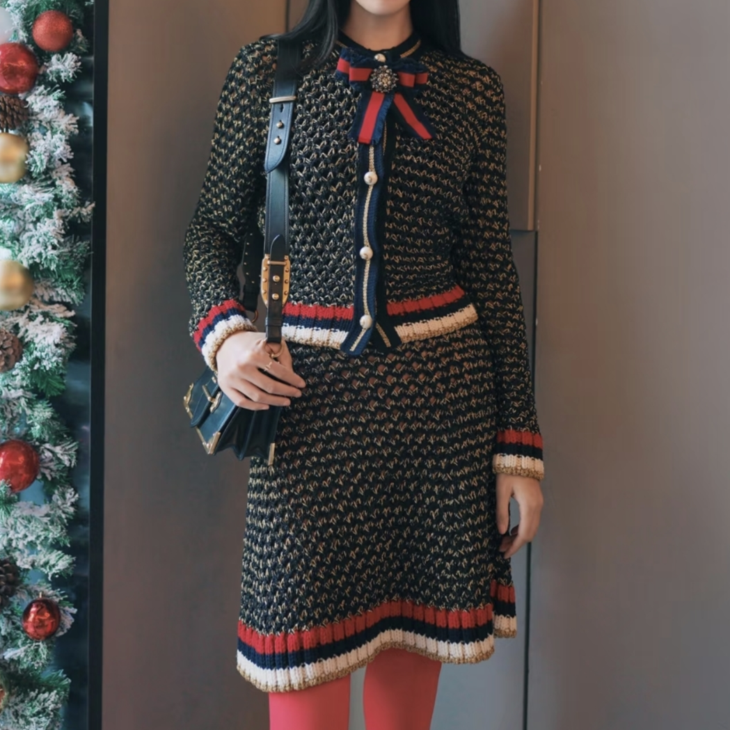 99新 GUCCI/古驰 汤/P245724199/ 珍珠扣 开衫 M 半裙 S 套装