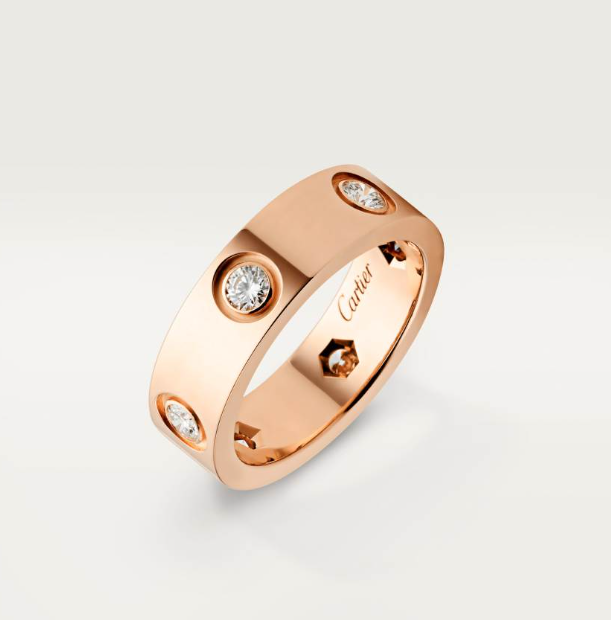 99新 Cartier/卡地亚 18k玫瑰金宽版六钻love戒指 