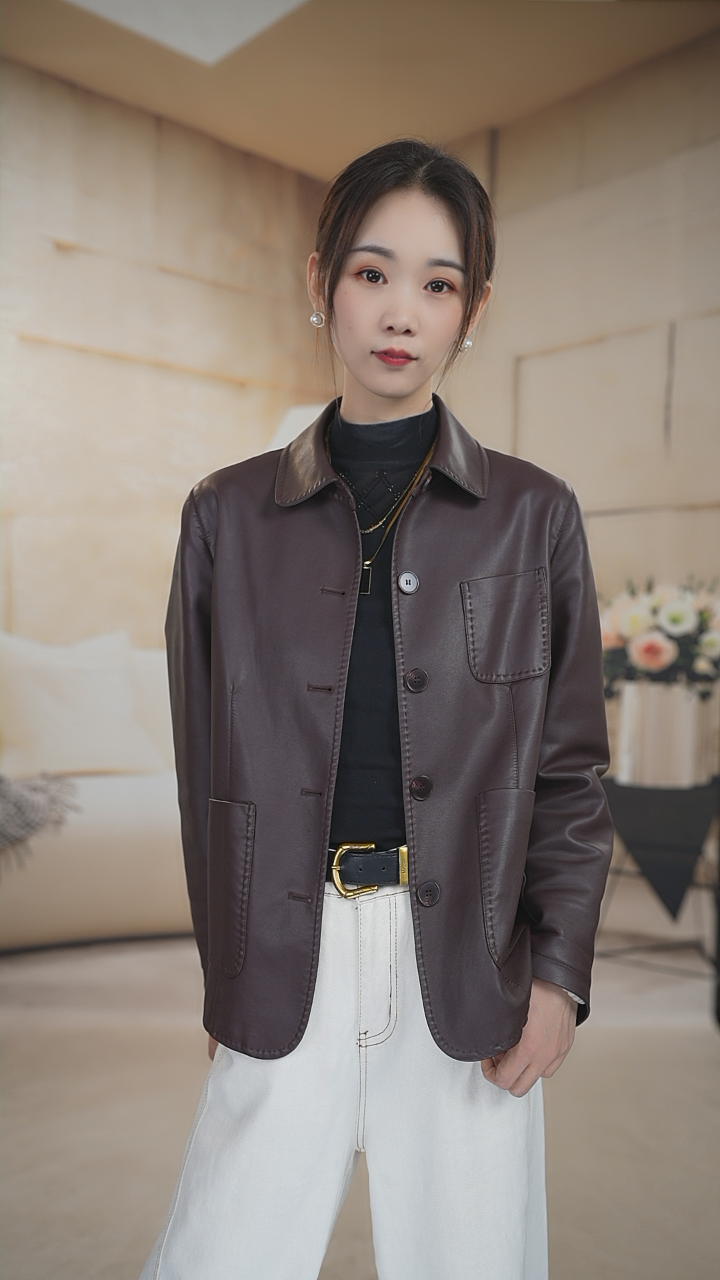 【单里衬】海宁正品短款皮衣女2025秋季新品皮夹克翻领小个子短外套