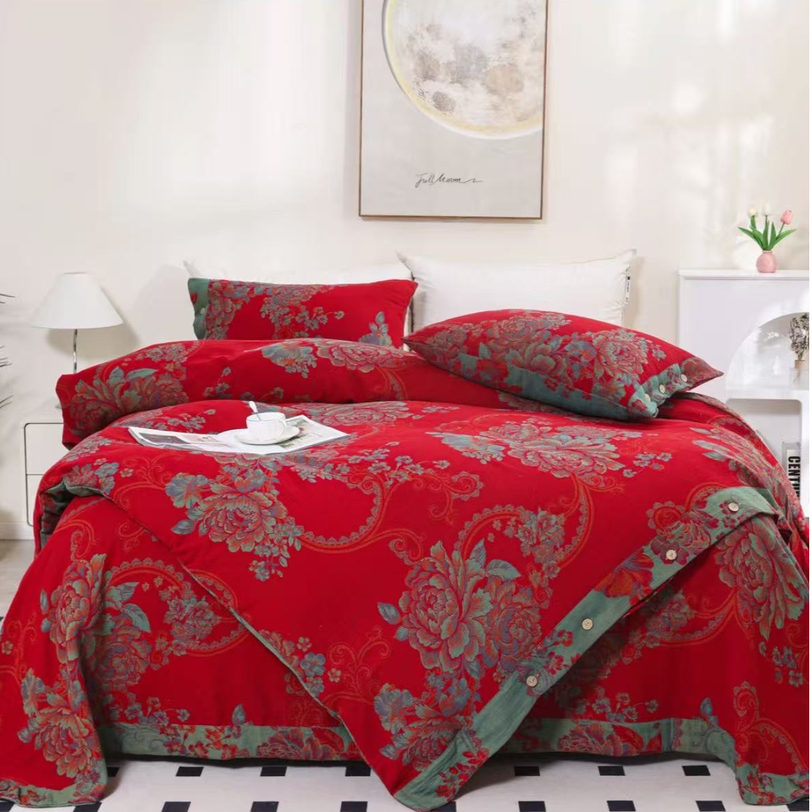 纯棉色织双层纱婚庆四件套—黑金牡丹红