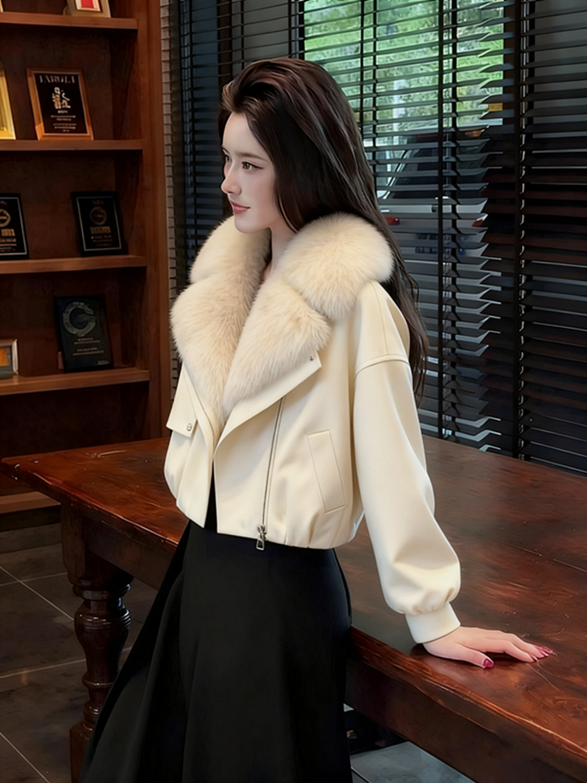 【现货秒发】新款洋气小众毛领短款米色棉服慵懒风宽松百搭显瘦外套