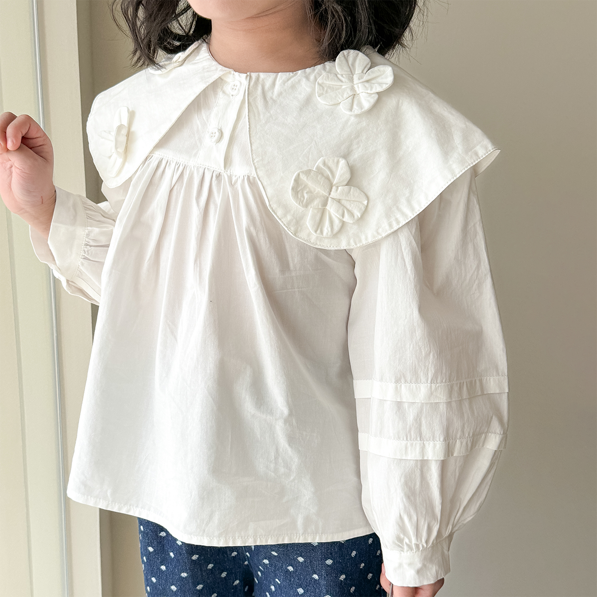 现货【四叶草】100%棉5429女童春装纯色娃娃领甜美长袖百搭衬衫