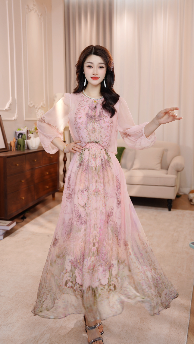 【海棠依旧】25年春夏高贵名媛风优雅气质收腰高端长短连衣裙