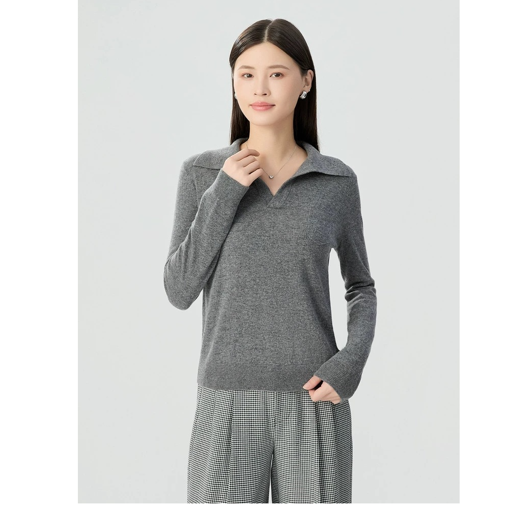 GIRDEAR/哥弟 新款气质经典V型翻领宽松长袖套头针织衫1399744