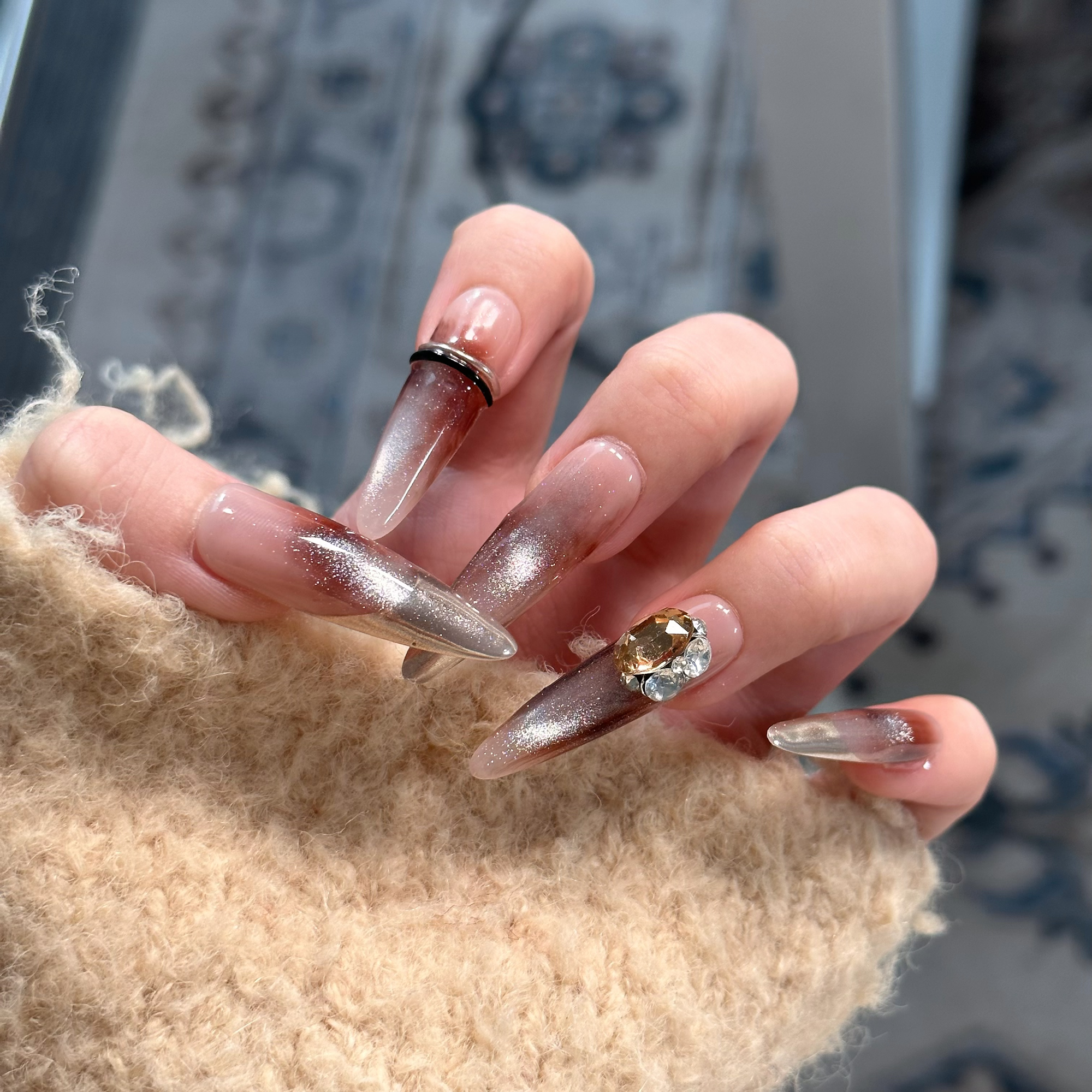 【深秋银河】原创银环设计师显白贵气千金风长甲银色渐变穿戴甲