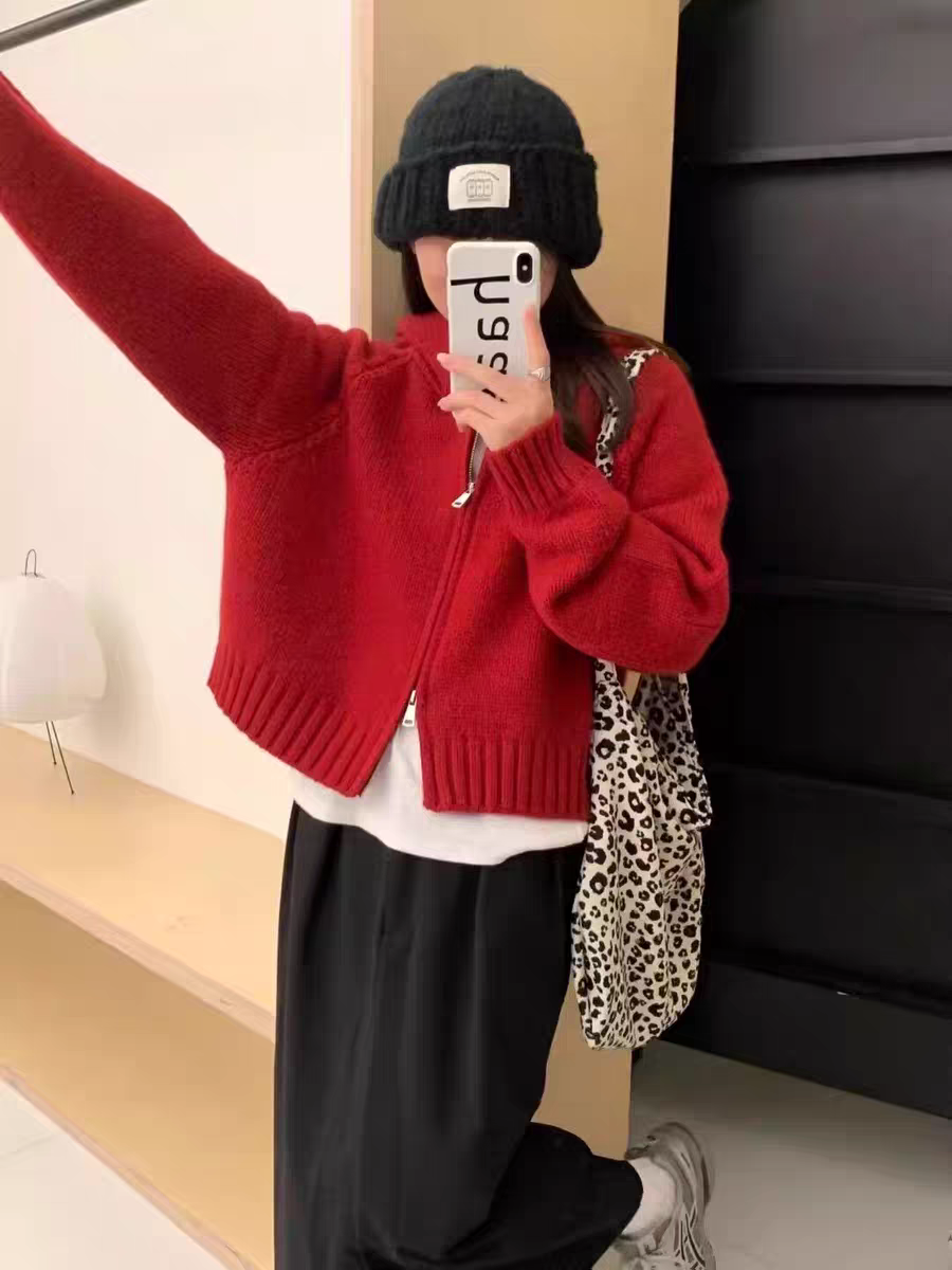 小个子版秋冬插肩袖糖果色连帽毛衣开衫