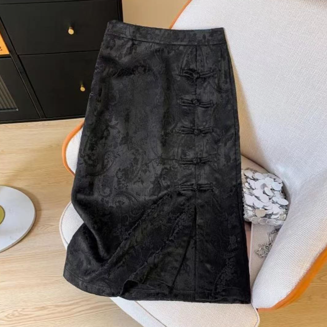 174风复古提花设计感包臀裙盘扣开叉高腰气质显瘦a字裙