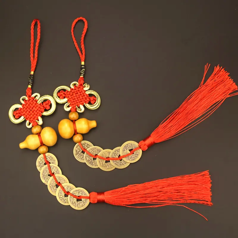 黄铜挂件带金边伍帝钱中国结吉祥结桃木葫芦挂件客厅卧室装饰挂件