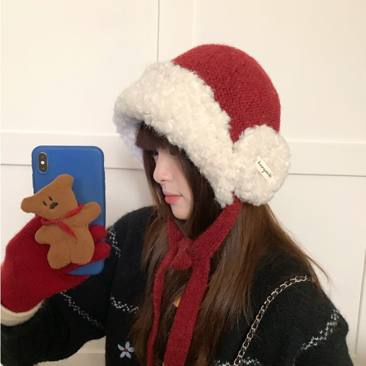 秋冬季毛绒加厚红色护耳毛线帽子女大头围保暖针织帽系带雷锋帽潮