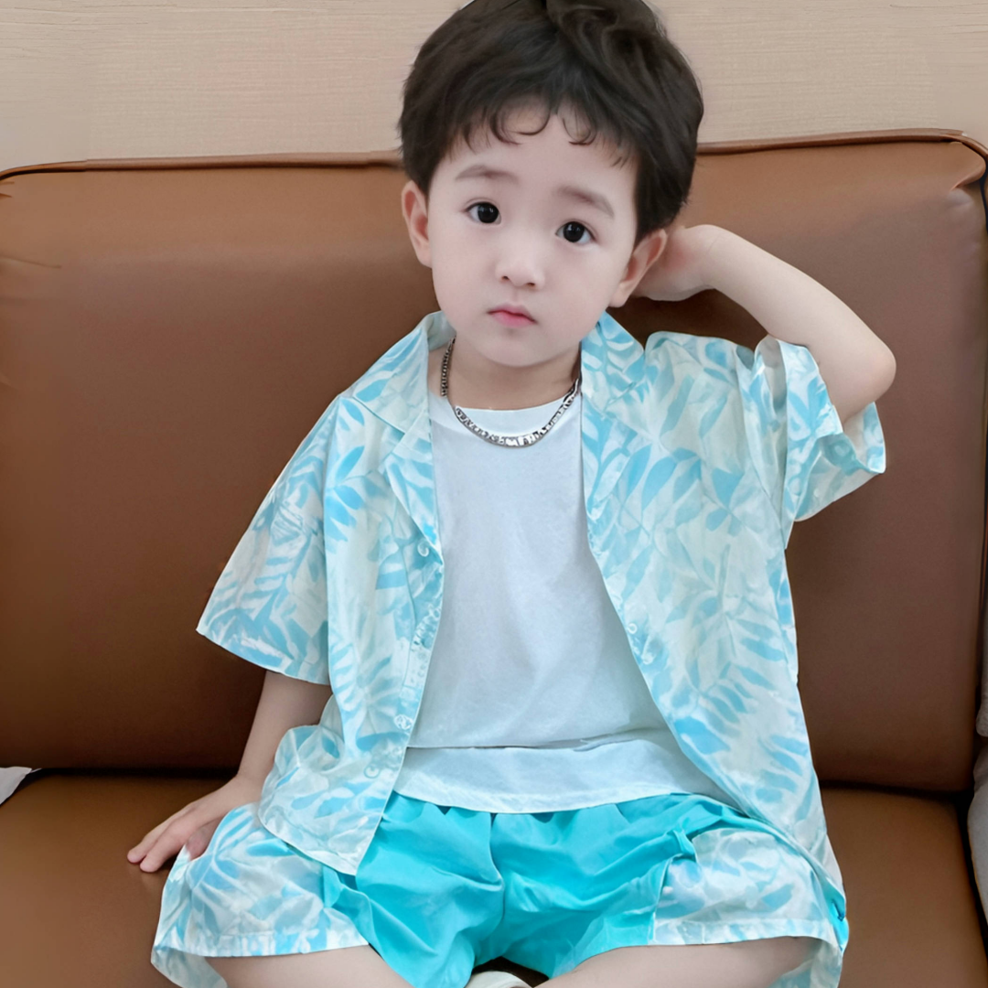 男童树叶蓝短袖衬衫夏款童装2025新款 37749