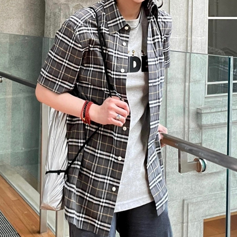 全新未使用 BURBERRY/博柏利 男士灰色黄灰格纹短袖衬衫 115425  