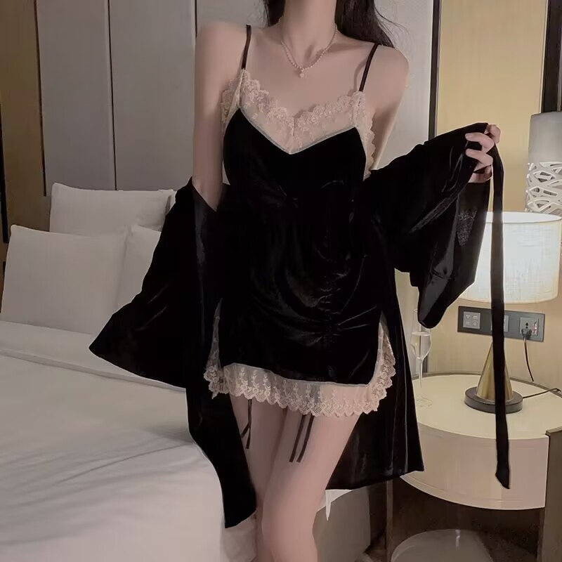 不起球性感睡裙约会战袍睡衣蕾丝宫廷露背夏季镂空法式黑色