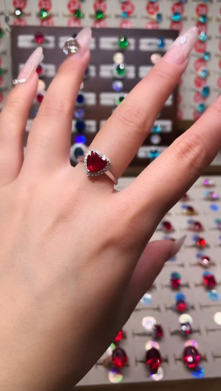 银S925镶嵌戒指红宝石心8*8 银托