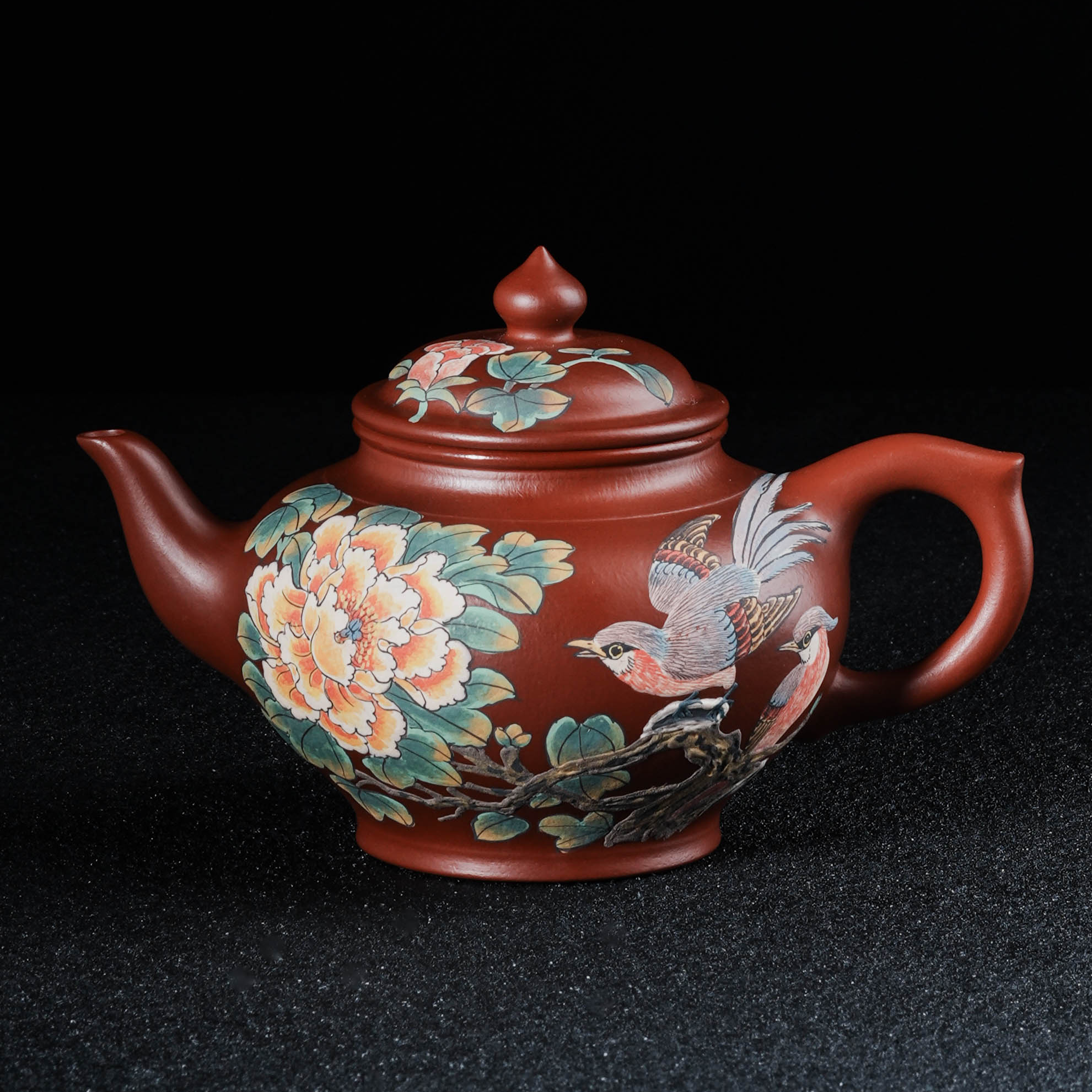 019宜兴原矿紫砂茶具大红袍全手工堆绘牡丹鸟笑樱紫砂壶FSY260ml