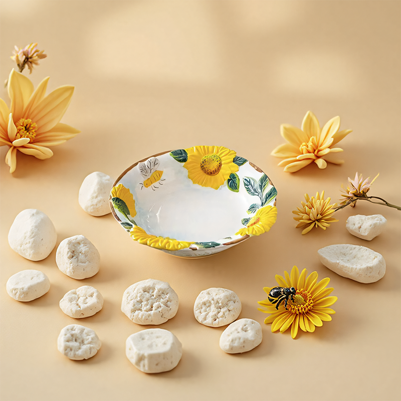 手绘陶瓷8.5英寸浮雕太阳花深盘