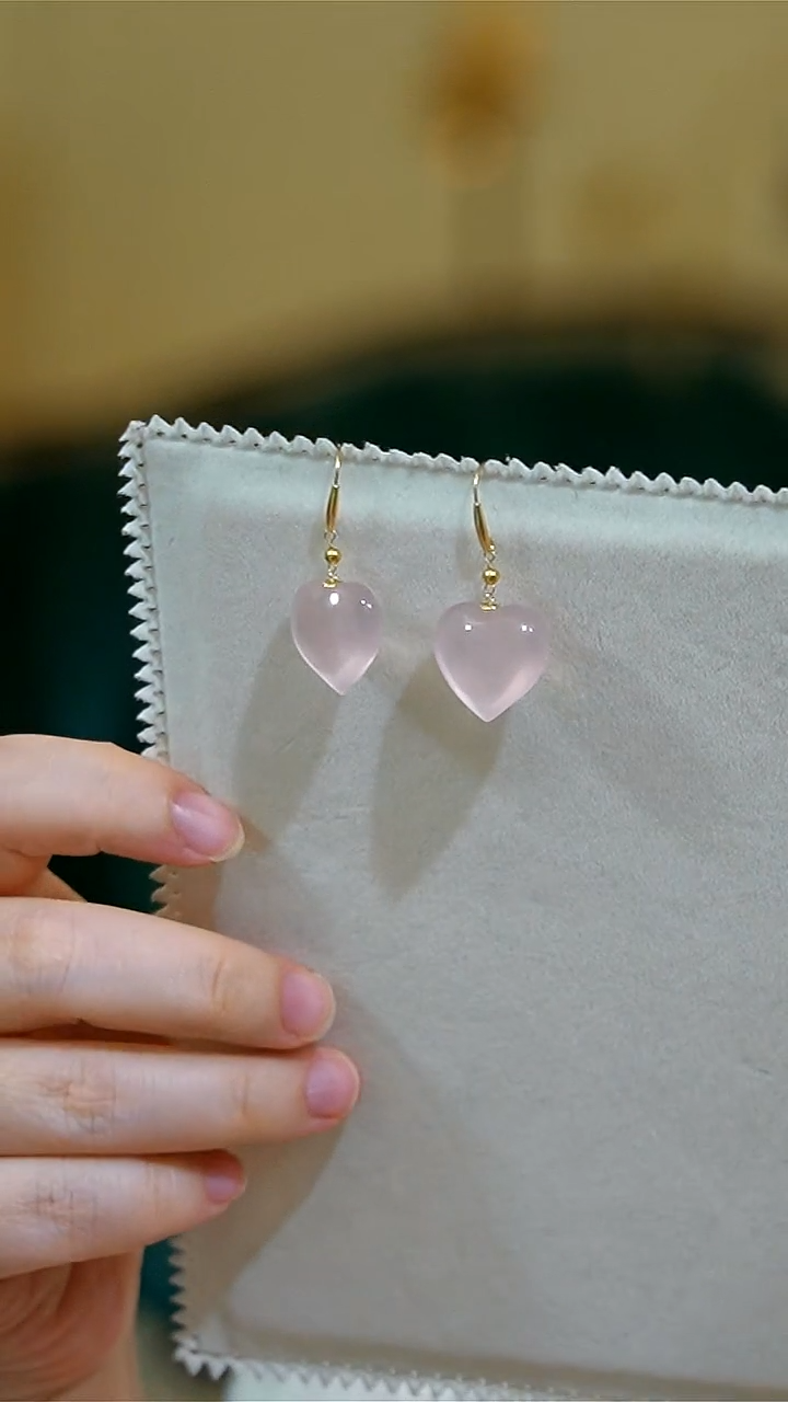 【闪购商品】水晶耳坠18K金镶嵌粉晶爱心18K金耳坠