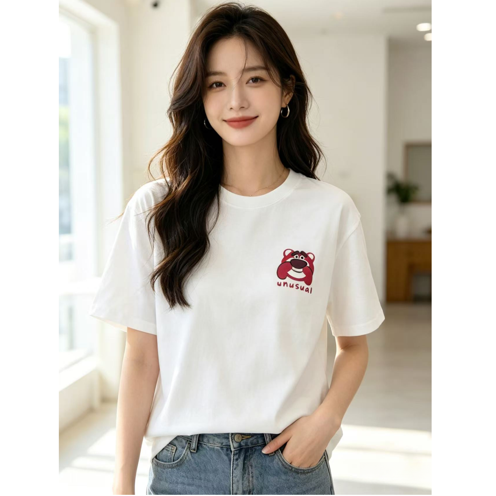 100%纯棉 女士简约 休闲百搭 短袖T裇 白色 草莓熊