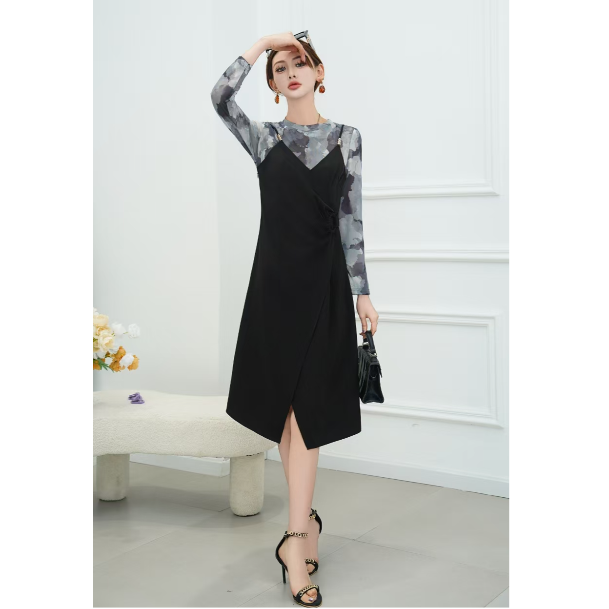 A378 2025法式复古吊带连衣裙女新款洋气宽松中长裙子QL829款