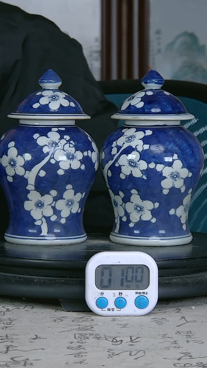 陶四*堂青花精绘花卉图罐一对