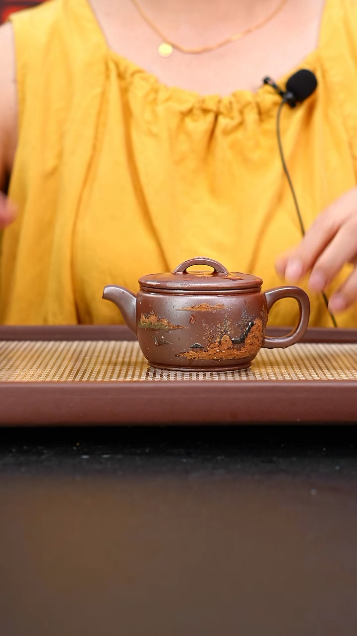 茶壶紫砂赵庄朱泥柴烧汉瓦泥绘山水