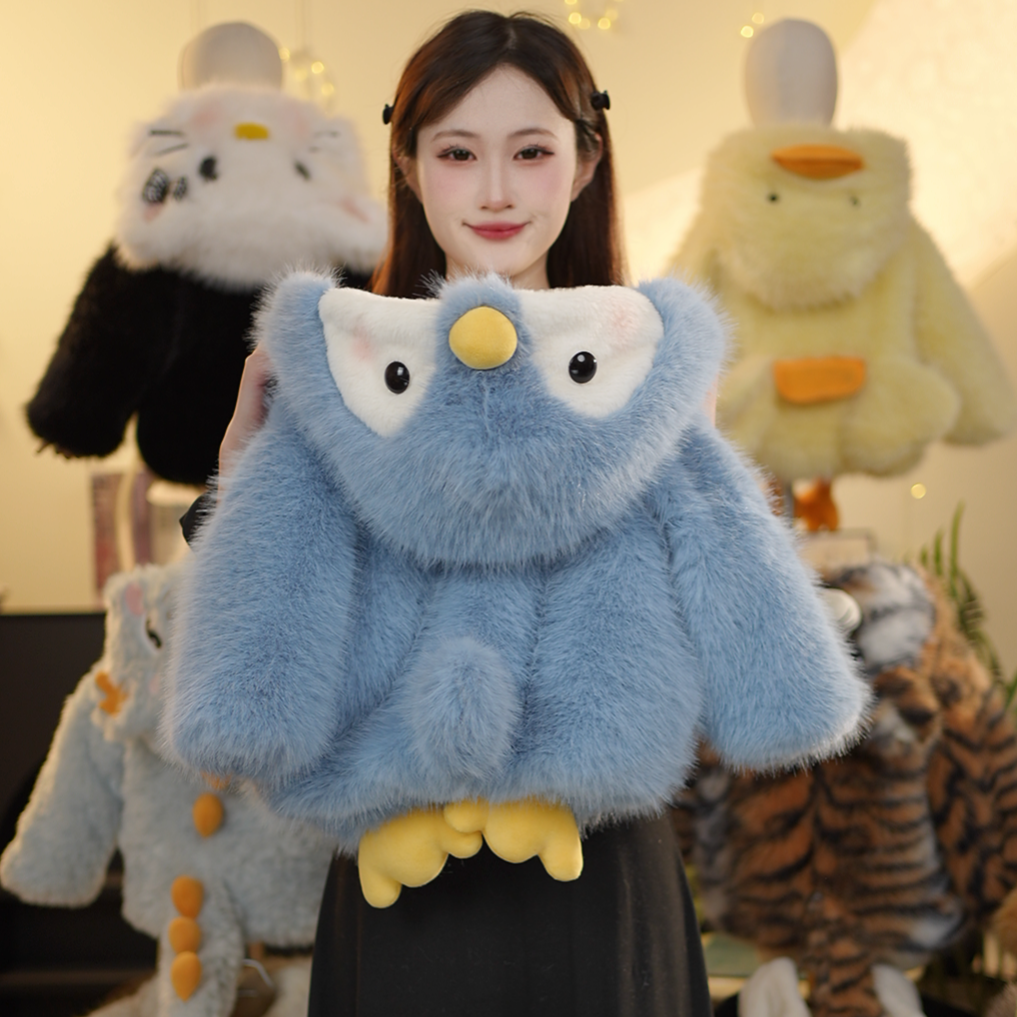 MES亲子男女童冬毛绒毛茸茸萌宝圆头蓝企鹅草草冬季保暖加厚外套