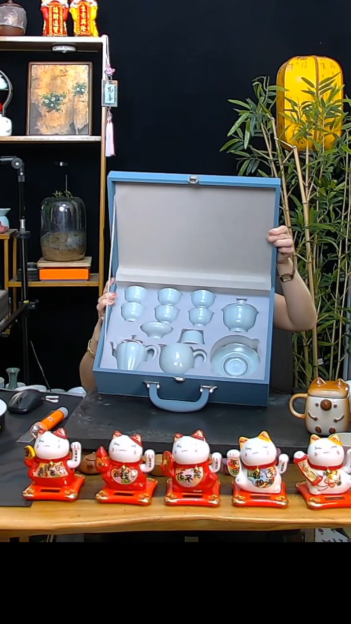 套装汝窑天青色花瓣壶礼盒套装