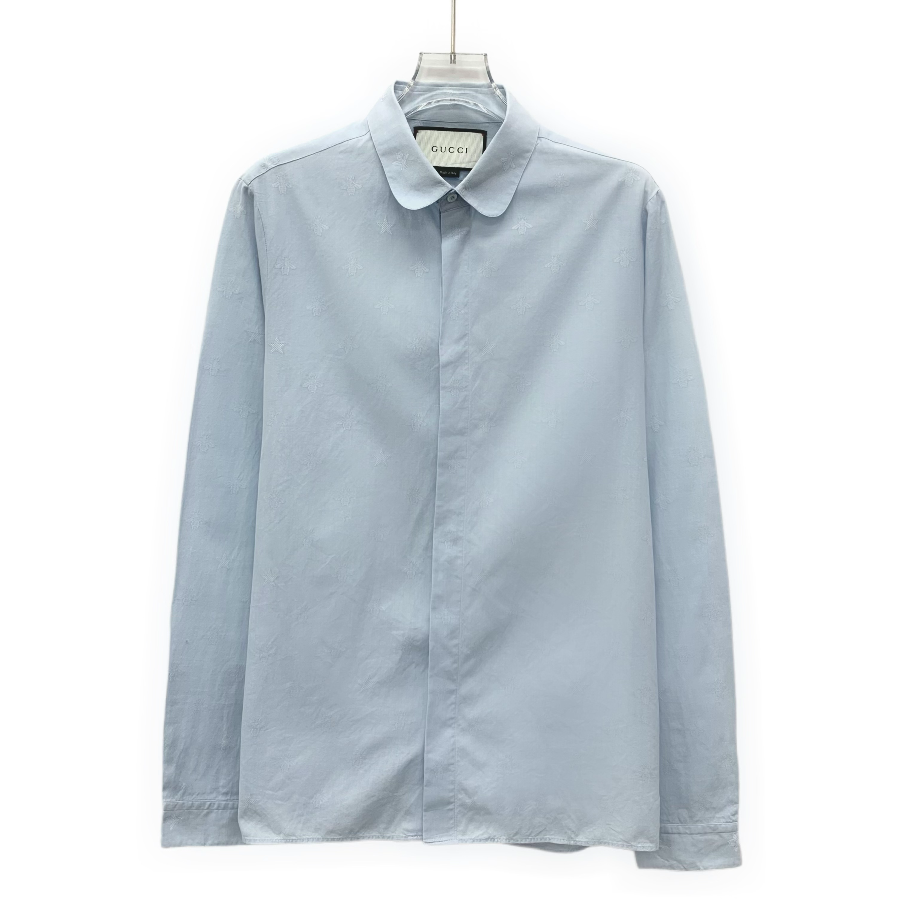 95新 GUCCI/古驰 IW0371 浅蓝色蜜蜂刺绣棉质翻领长袖衬衫 39码