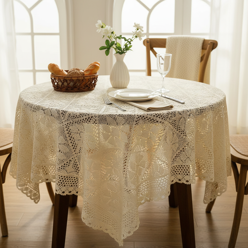 293-9正方形多尺寸米色钩针桌布电视盖巾棉线蕾丝桌布