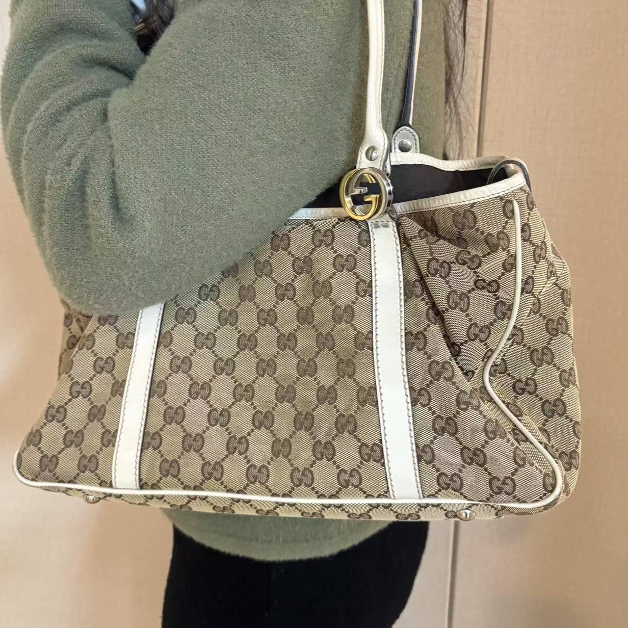 95新 GUCCI/古驰 老花白色手柄托特/云海优选/52349