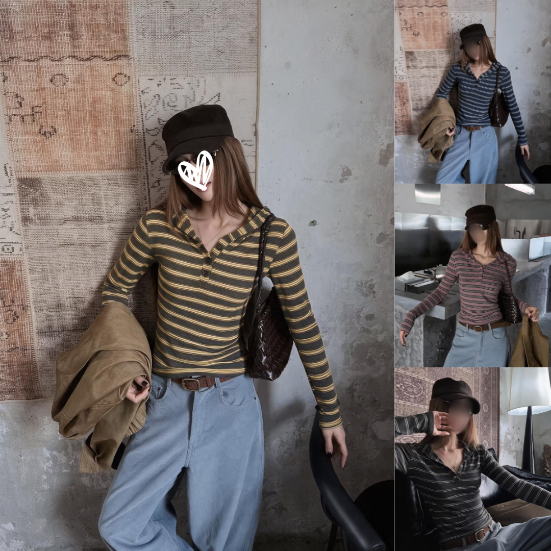 2026早秋新款韩系辣妹连帽条纹设计感长袖T恤女修身显瘦上衣