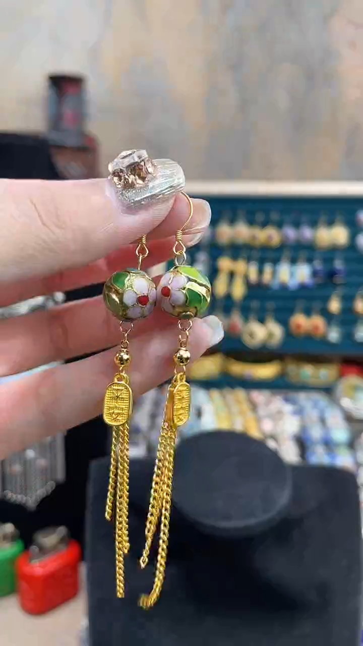 非遗手工景泰蓝金地1.2耳环流苏