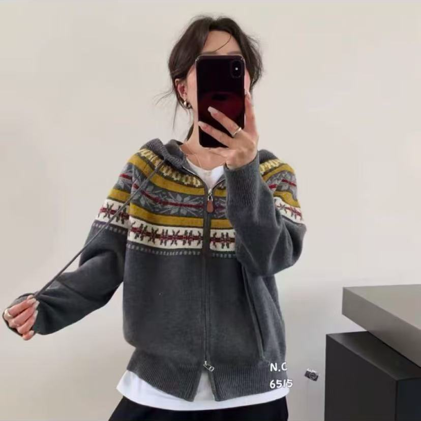 费尔岛【枫叶提花拉链帽衫-灰色】超柔软舒适亲肤针织衫