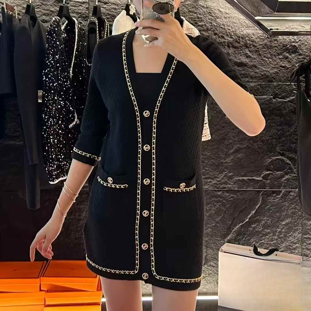 99新 Chanel/香奈儿 38码23B黑色皮穿链条边中袖针织开衫