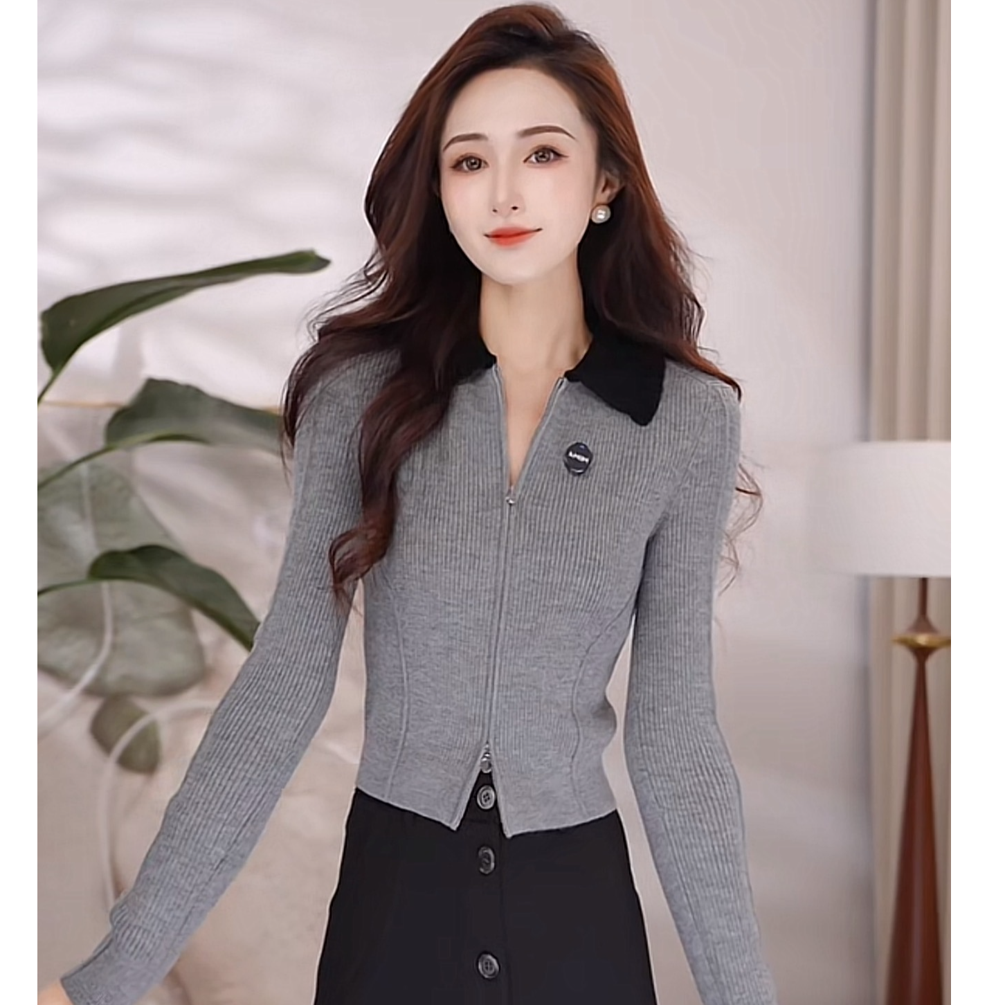 阿玛施/AMASS早秋新款拉链小众休闲显瘦长袖针织外套548060