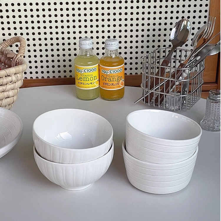 简约家用饭碗汤碗家用条纹纯白釉下彩4.5寸小碗餐具陶瓷米饭碗