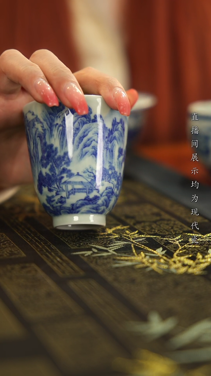 杯子瓷月*?柴窑青花山水花神杯