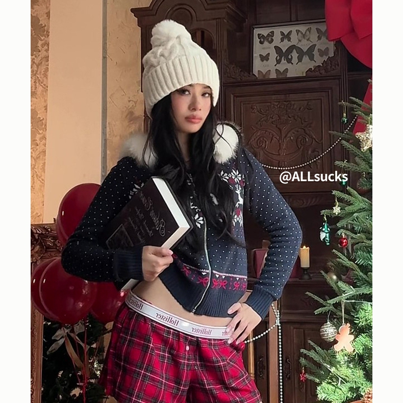 Hollister25秋冬费尔岛毛领圣诞新年毛衣针织开衫外套女350-5316