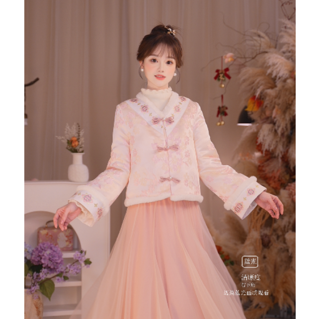 瑶西【浅粉拈花】冬款加厚重工刺绣织金提花外套加绒半身纱裙套装