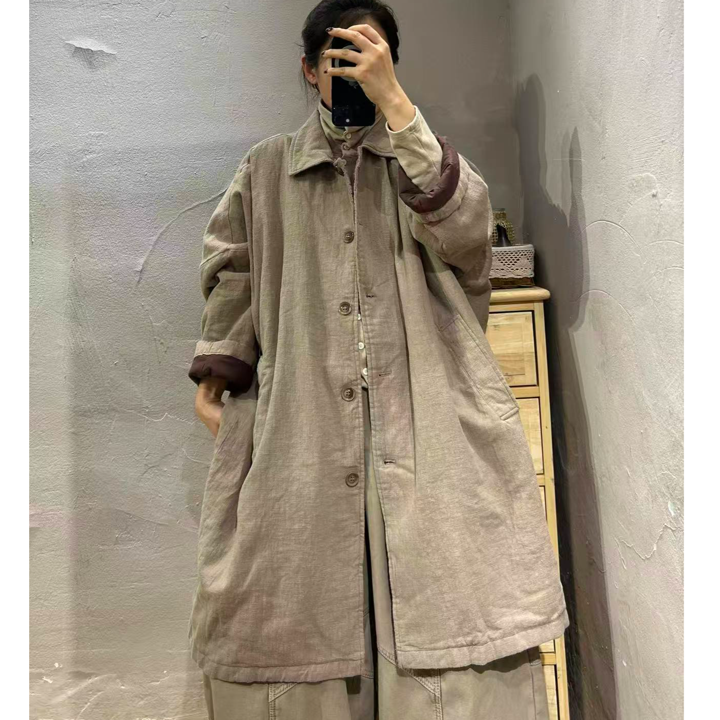 【半奏】冬季新款文艺复古纯亚麻高品质翻领长款棉衣女 衣长95穿160