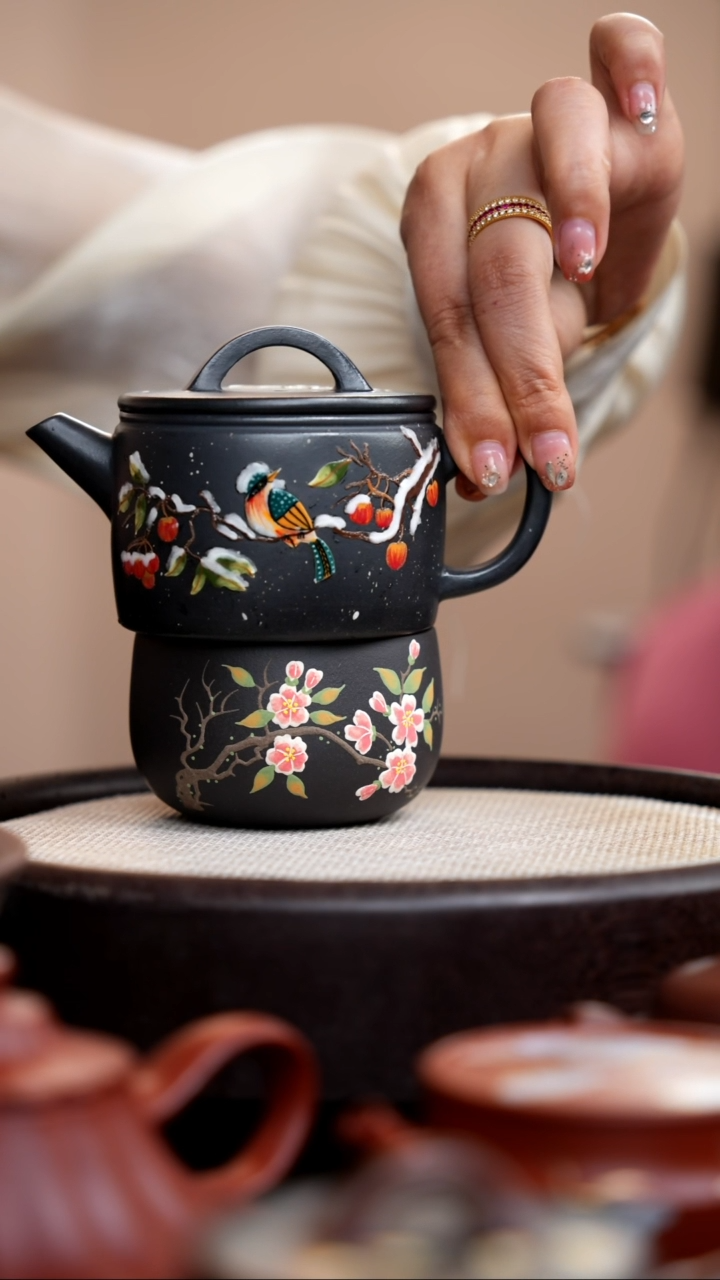 茶壶紫砂黑色汉瓦泥绘雪景高+杯